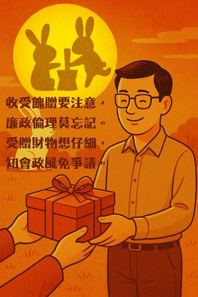 收受餽贈要注意，廉政倫理莫忘記。 受贈財物想仔細，知會政風免爭議。